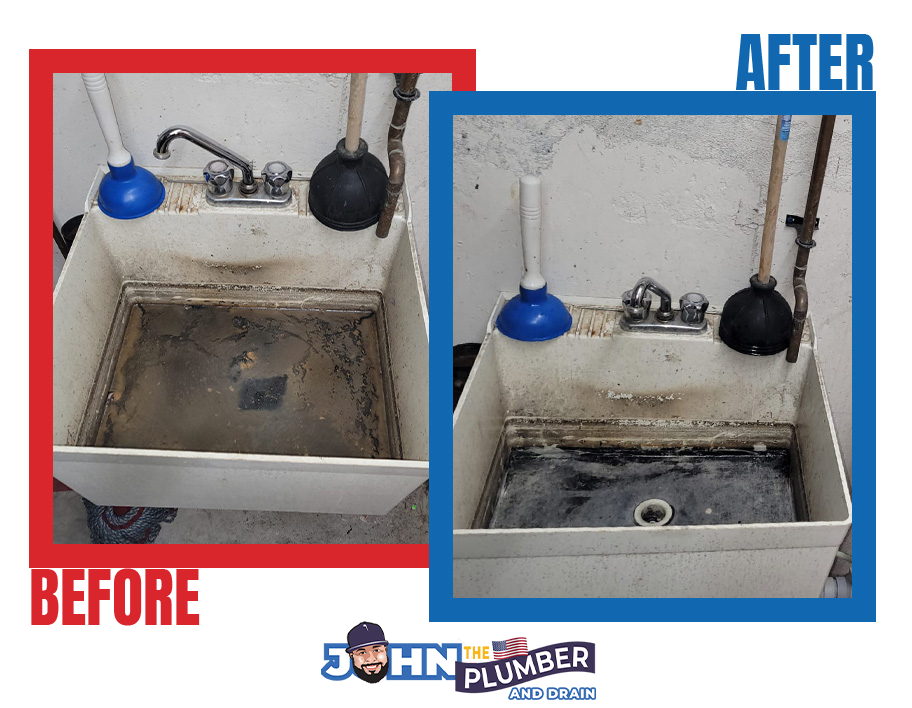 before and after clogged laundry sink drain cleaning