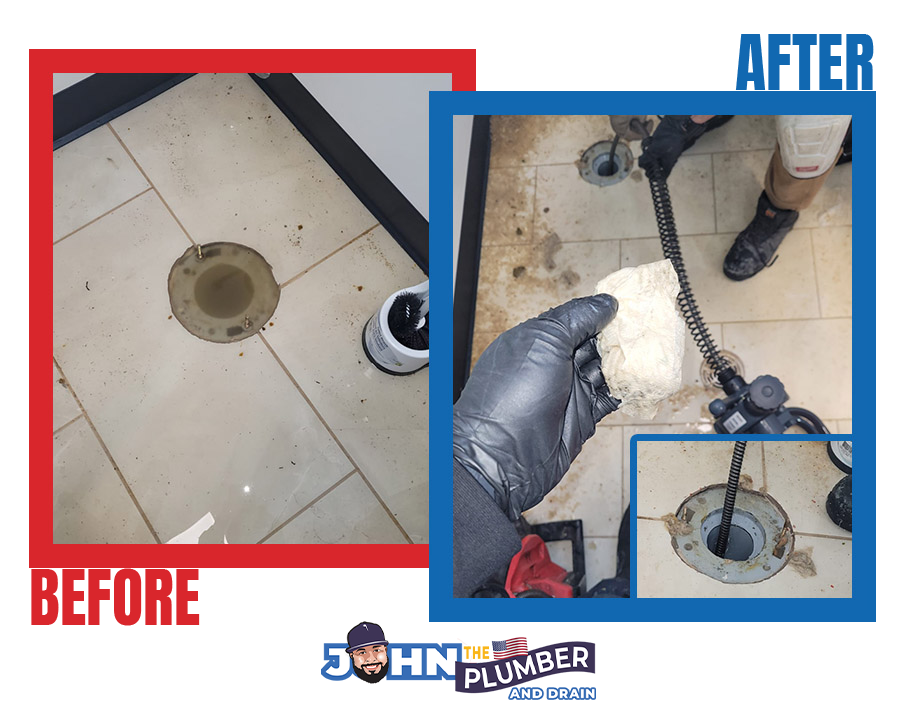 before and after toilet flange drain cleaning